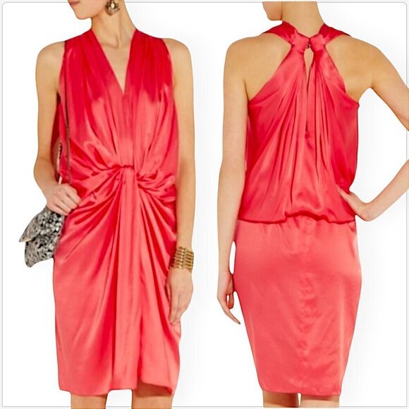Lanvin Dresses & Skirts - Lanvin Pink Geranium Knotted Draped Fluid Silk Satin Blouson Dress NEW NWOT 34